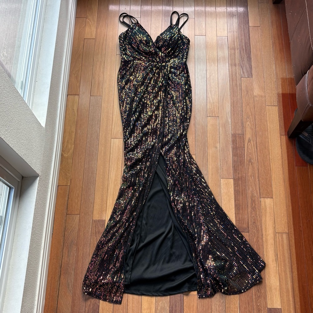 Unithorse Black Multi-Color Sequin Mermaid Formal Gown Dress High Slit Size 6